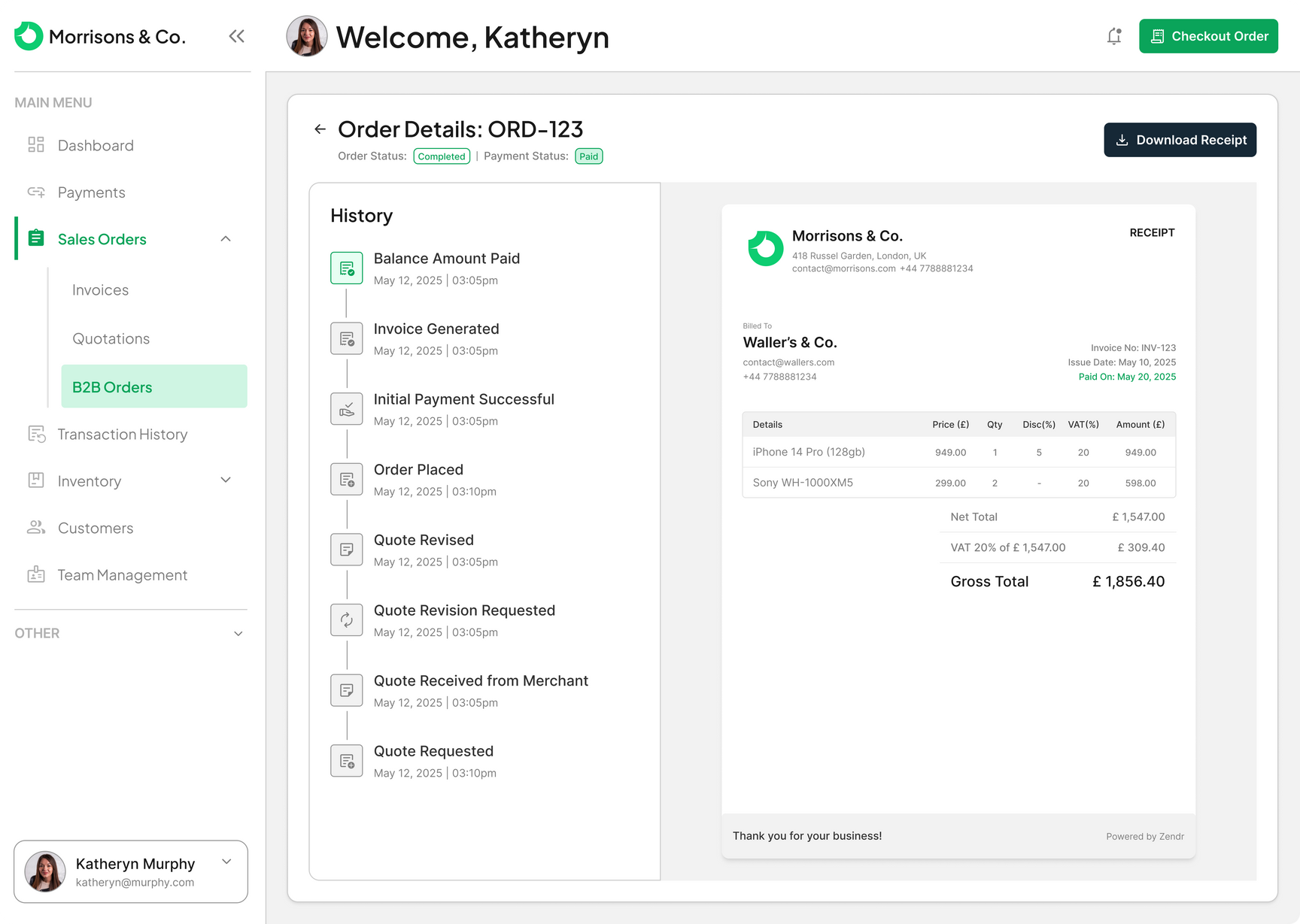 Order details view — full quote-to-order history timeline beside the generated receipt